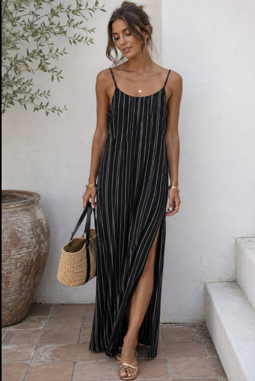 Alice + Olivia Spaghetti Strap Stripe Maxi Slit Dress Minimal Lagenlook